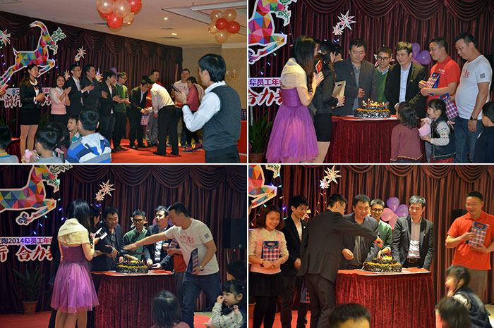 为生日的员工奉上蛋糕，董事长还为寿星们奉上优美礼物